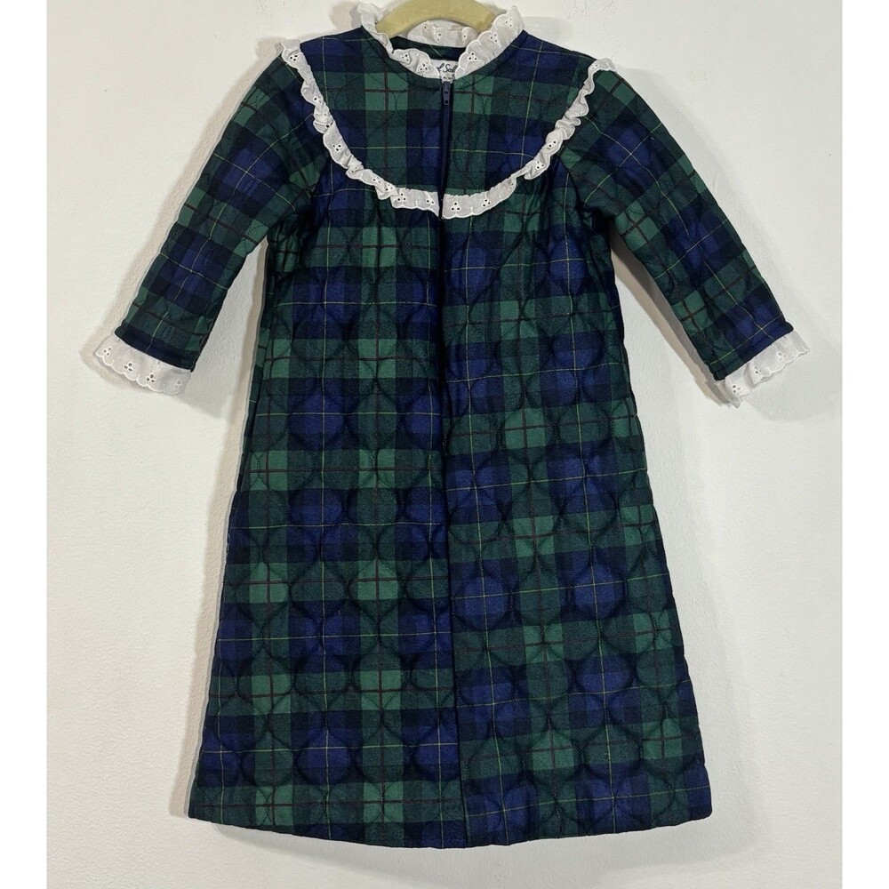 Vintage Lanz of Salzburg Kids 3T Quilted Housecoat Robe Nightgown Plaid Zip Up